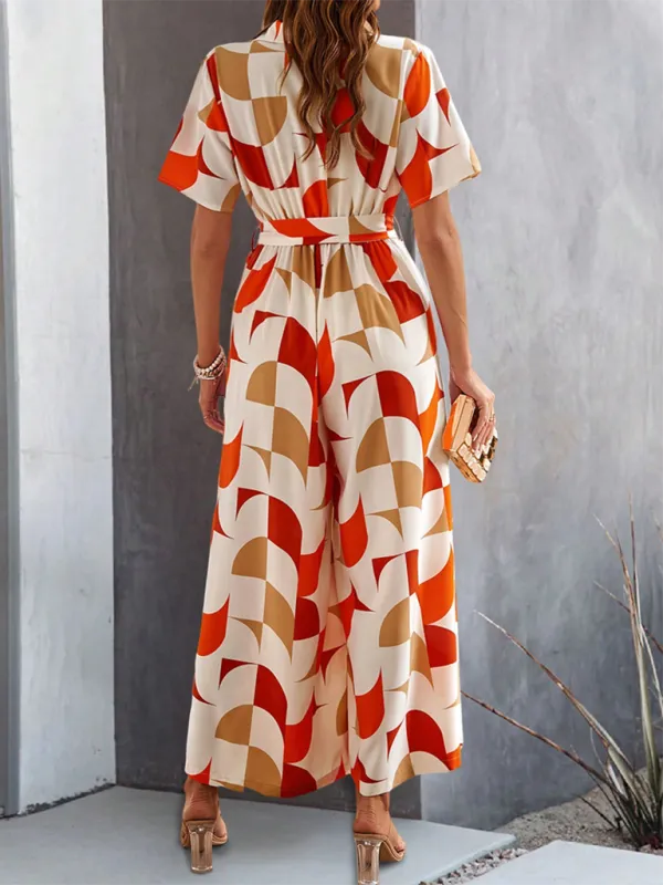 Temperament Short Sleeve Contrast Print High Shorts