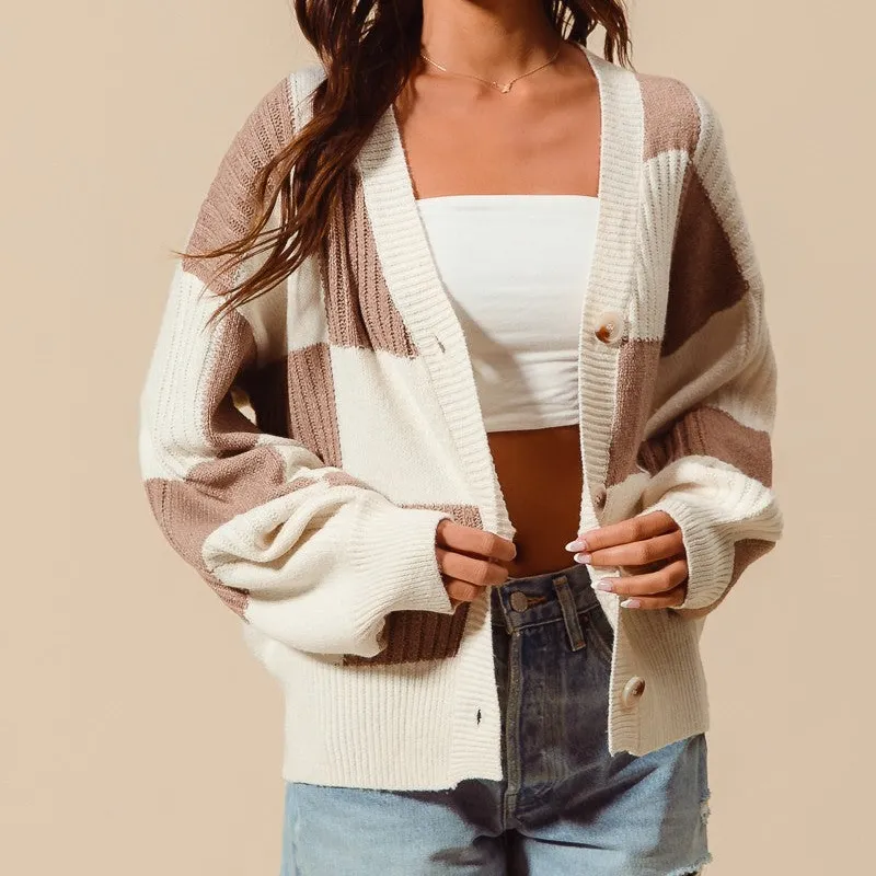 Chunky Knit Ribbed Button Front Dropped Shoulder Cardigan