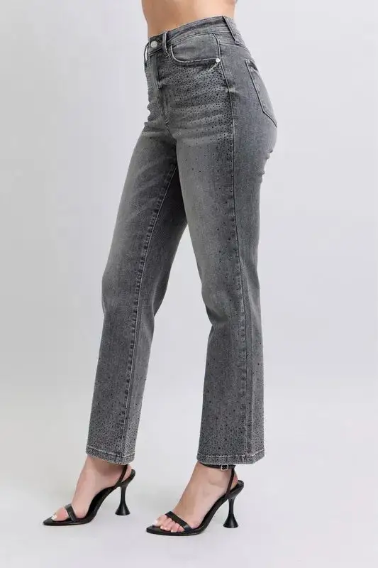 High Waist Rhinestone Straight Plus Denim Jeans