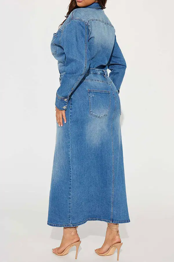 Blue Gradient Denim Slit Midi Dress
