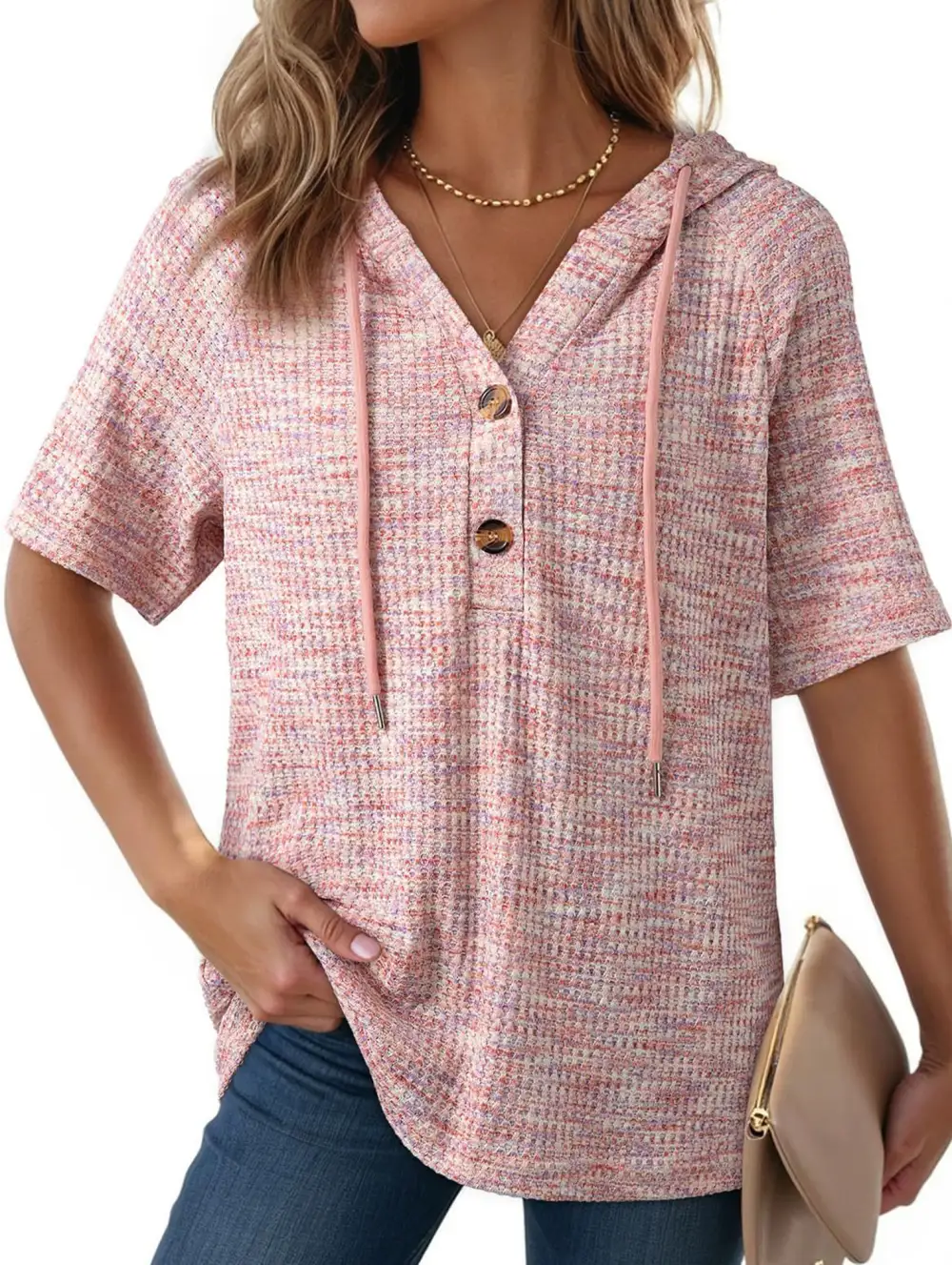 Waffle V-Neck Hooded Short Sleeve Top