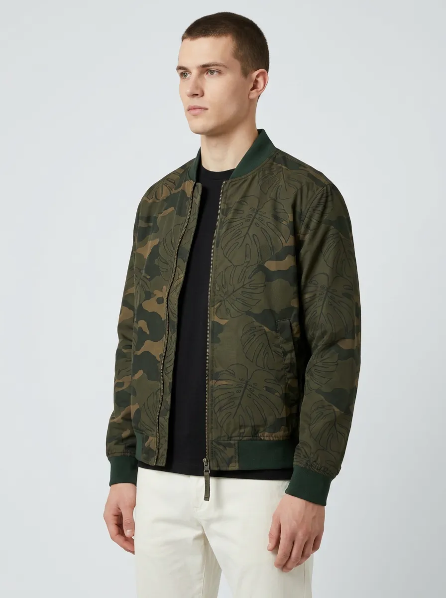 Men's Tropical Camouflage Monstera Leaf Printed Bomber Jacket