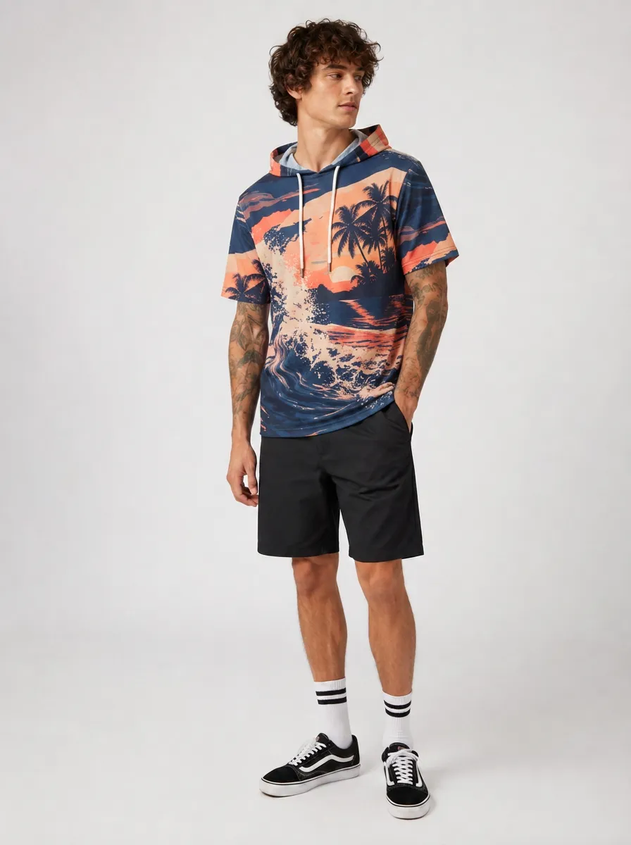 Men's Relaxed Fit Tropical Print Short-Sleeve Hoodie