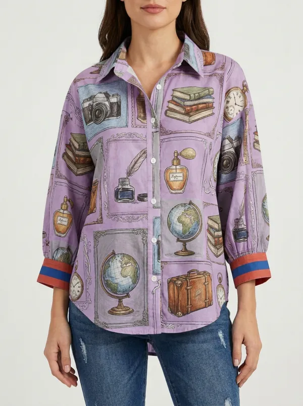 Women's Vintage Travel Hobbyist Globe Camera Book Printed Shirt