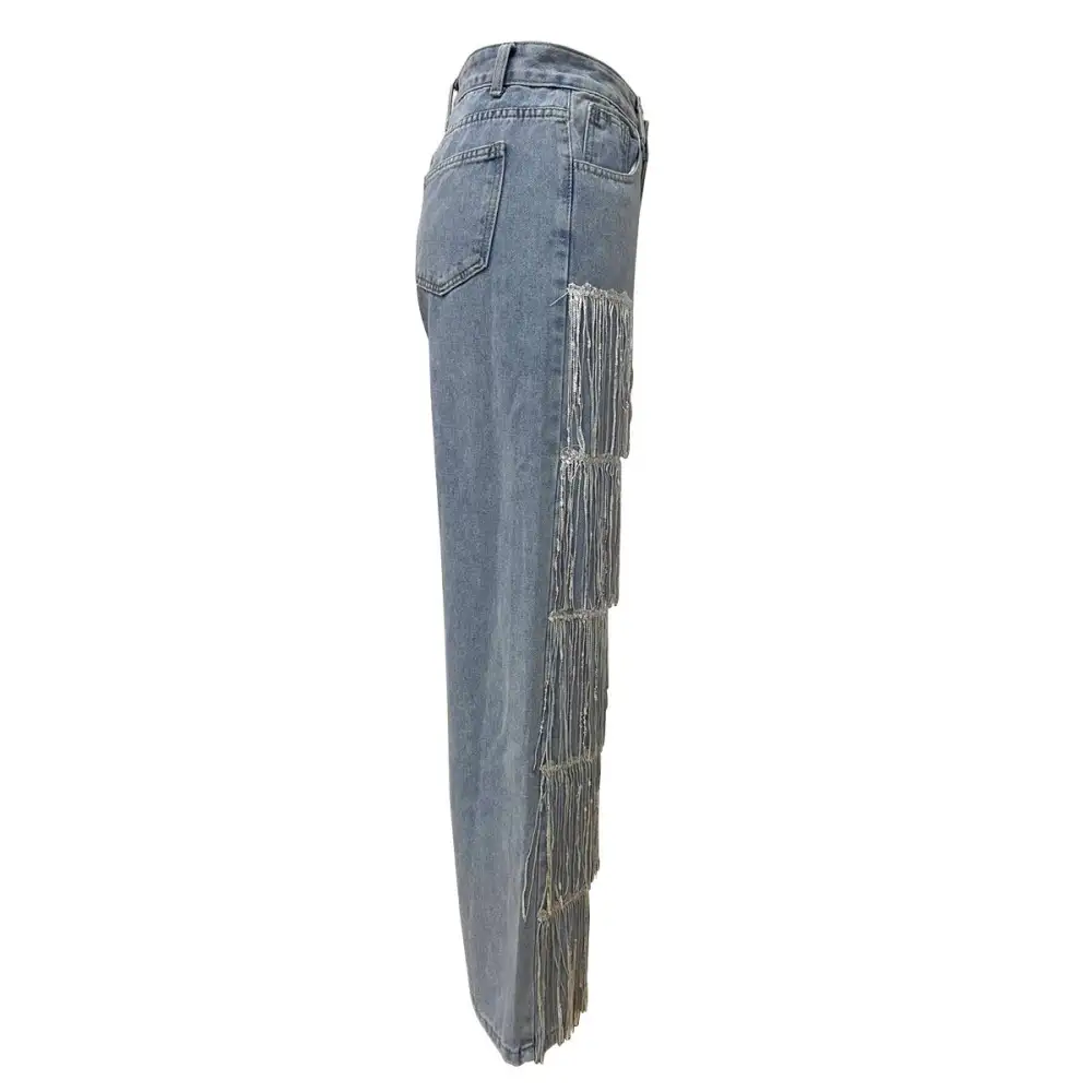 High-waist Fringe Detail Wide-leg Jeans