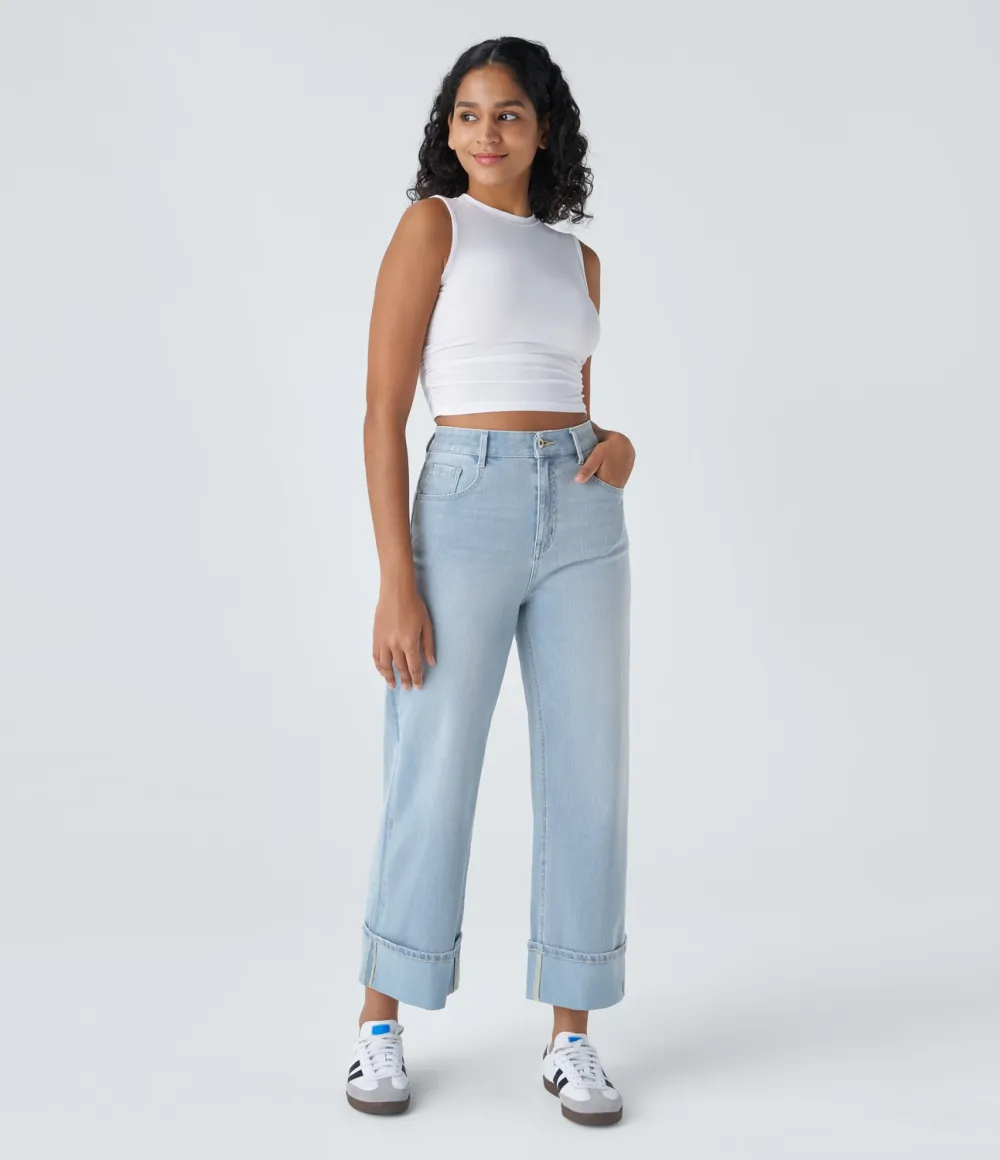 Magic High Waisted Multiple Pockets Rolled Hem Wide Leg Washed Stretchy Knit Casual Jeans