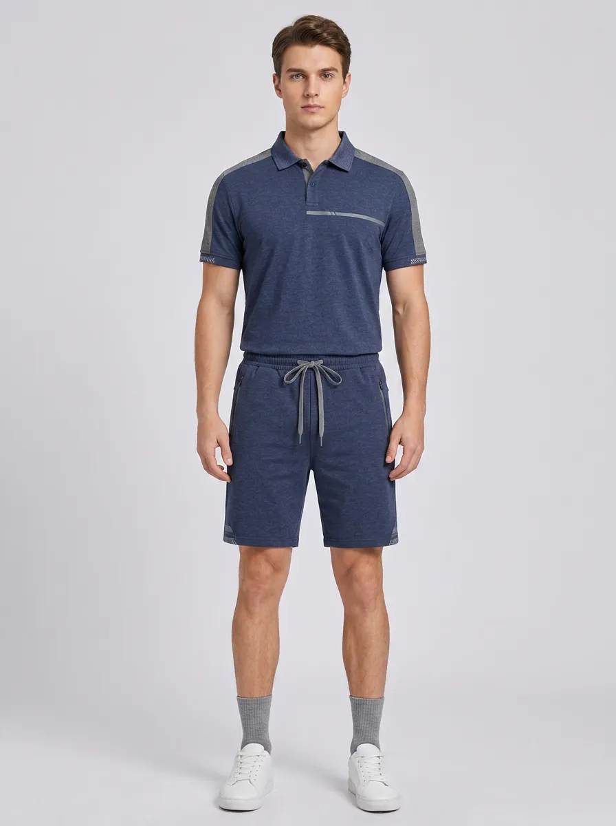 Men's Casual Sporty Colorblock Polo Shirt and Shorts Set