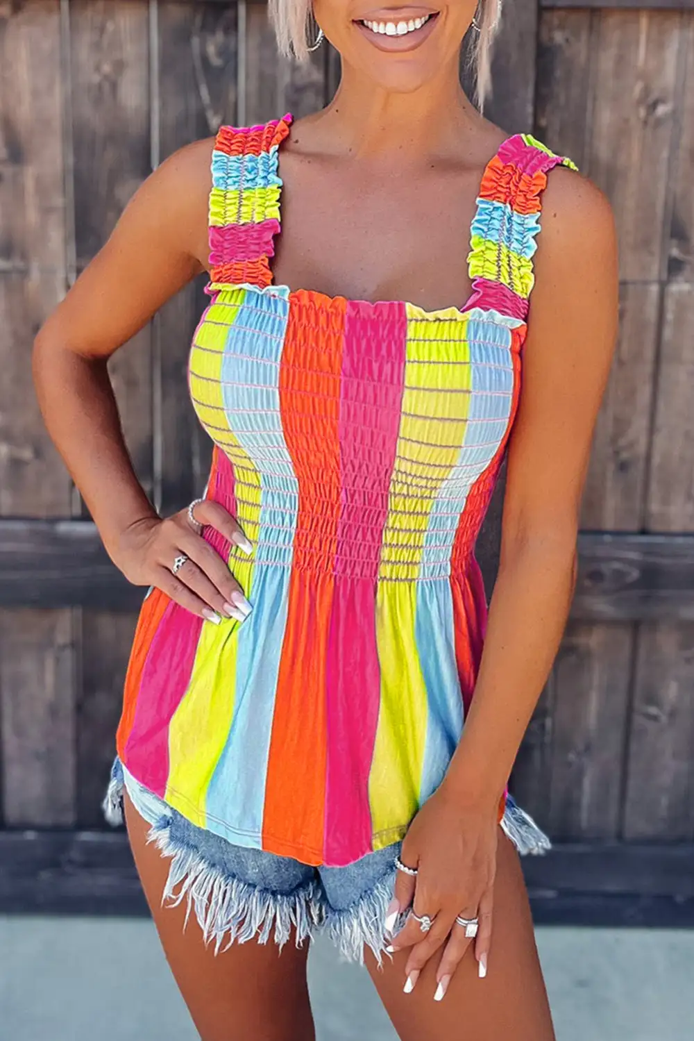 Block Shirred Square Neck Tank Top