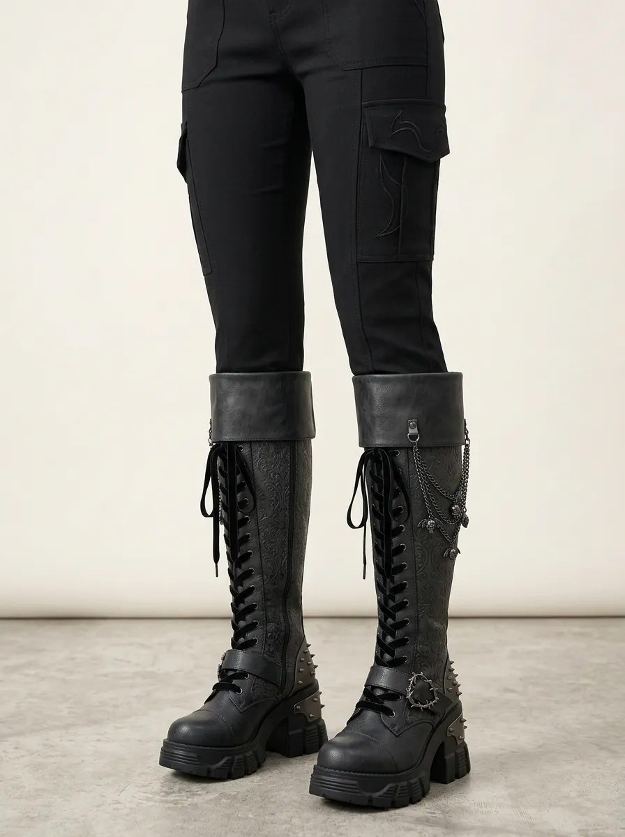 Gothic Revival Skull Damask Chain Dark Look Women's Gothic Platform Boots