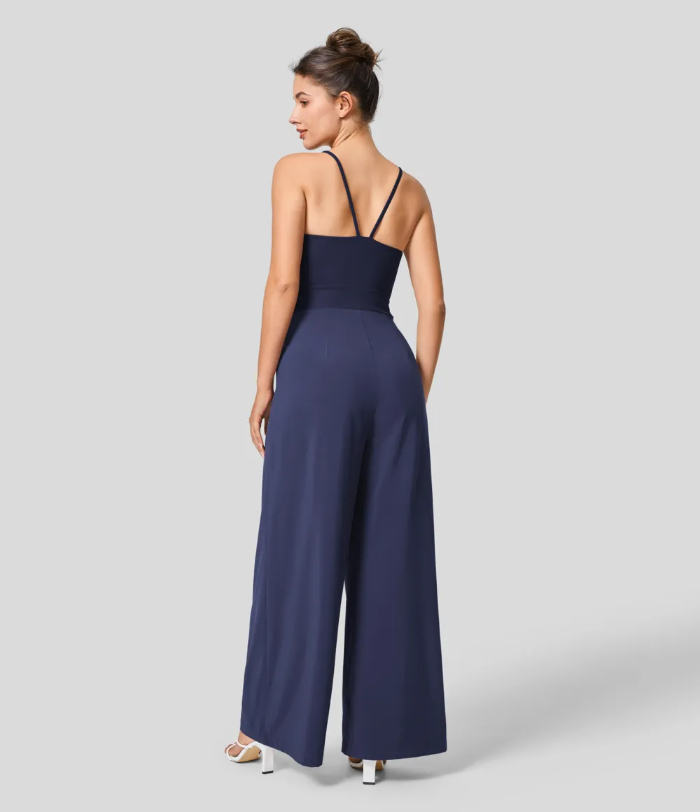 Breezeful Backless Side Invisible Zipper Pocket Wide Leg Quick Dry Resort Slip Jumpsuit