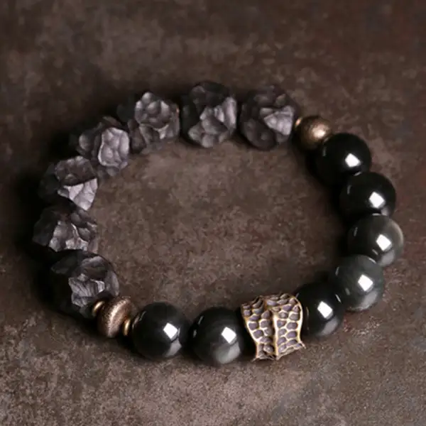 Obsidian Ebony Wood Copper Couple Bracelet