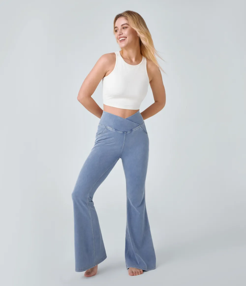 Magic High Waisted Crossover Pocket Cool Touch Washed Stretchy Knit Casual Super Flare Jeans