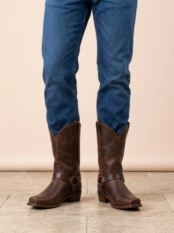 Men's Classic Western Brown Leather Harness Printed Boots