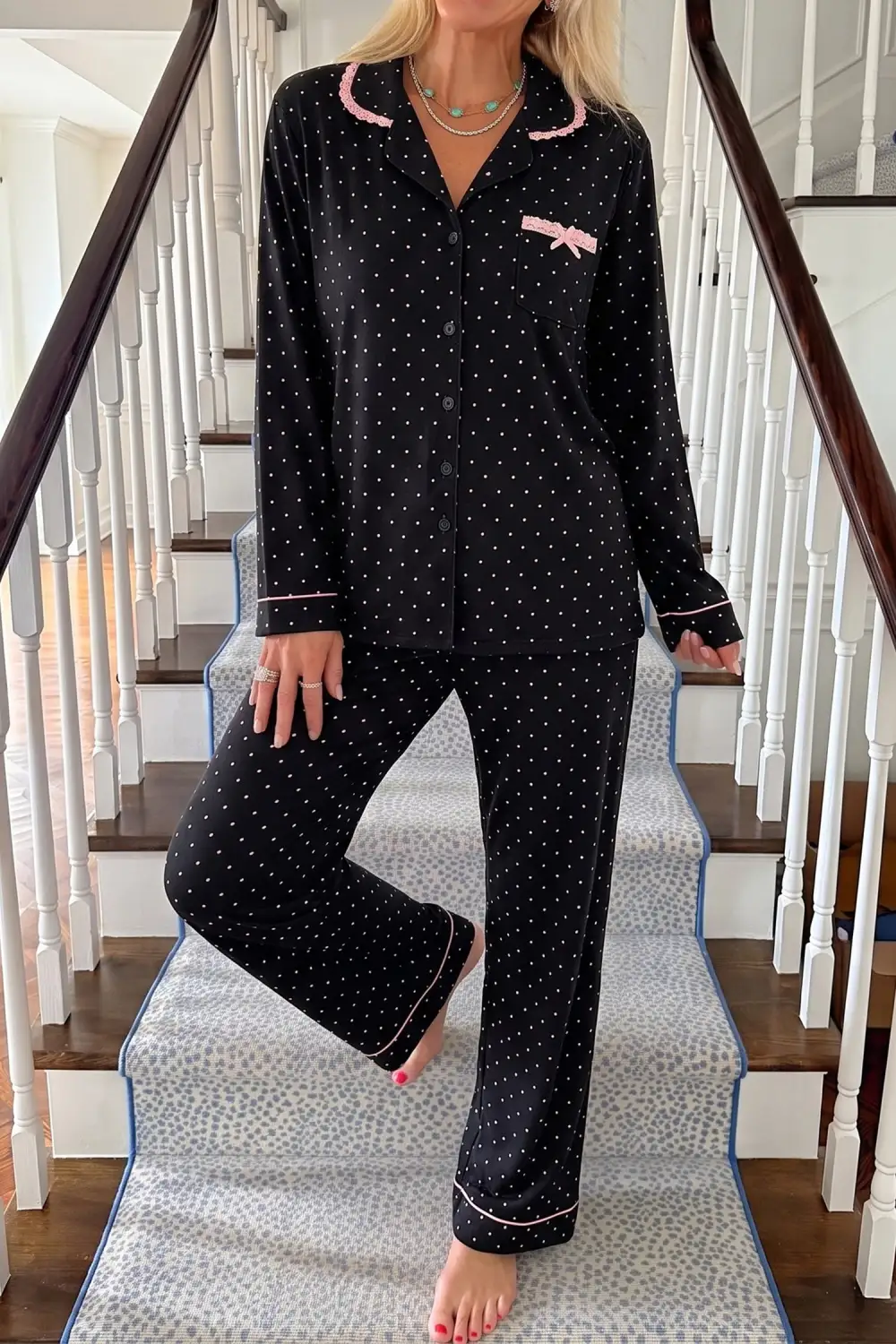 Women's Polka Dot Long Sleeve Shirt Lace Detail Two Piece Pajama Pant Set