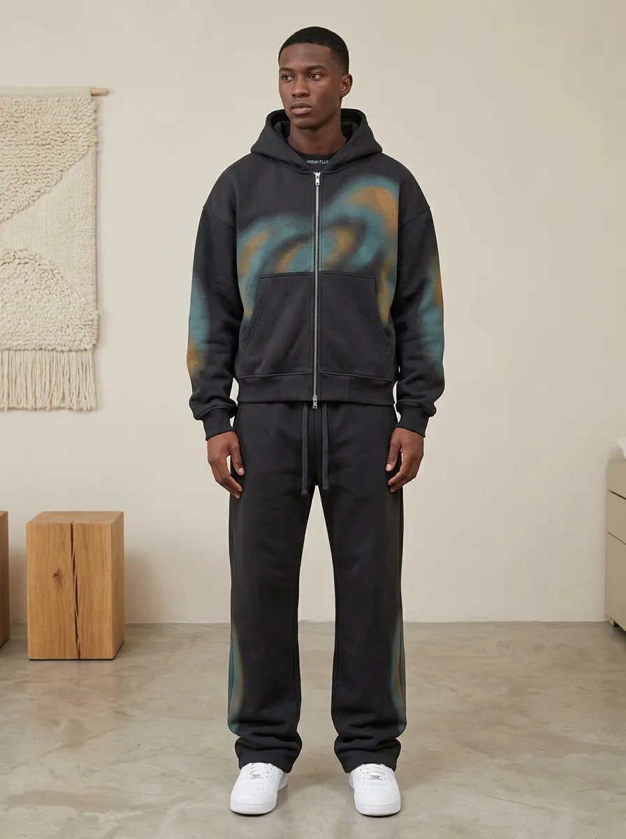 Men's Streetwear Abstract Spray Paint Printed Hoodie Jogger Set