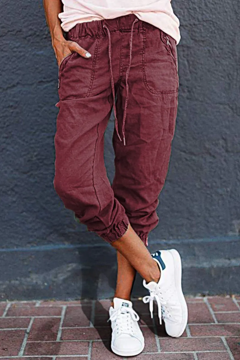 Drawstring Waist Zip Pocket Crop Joggers