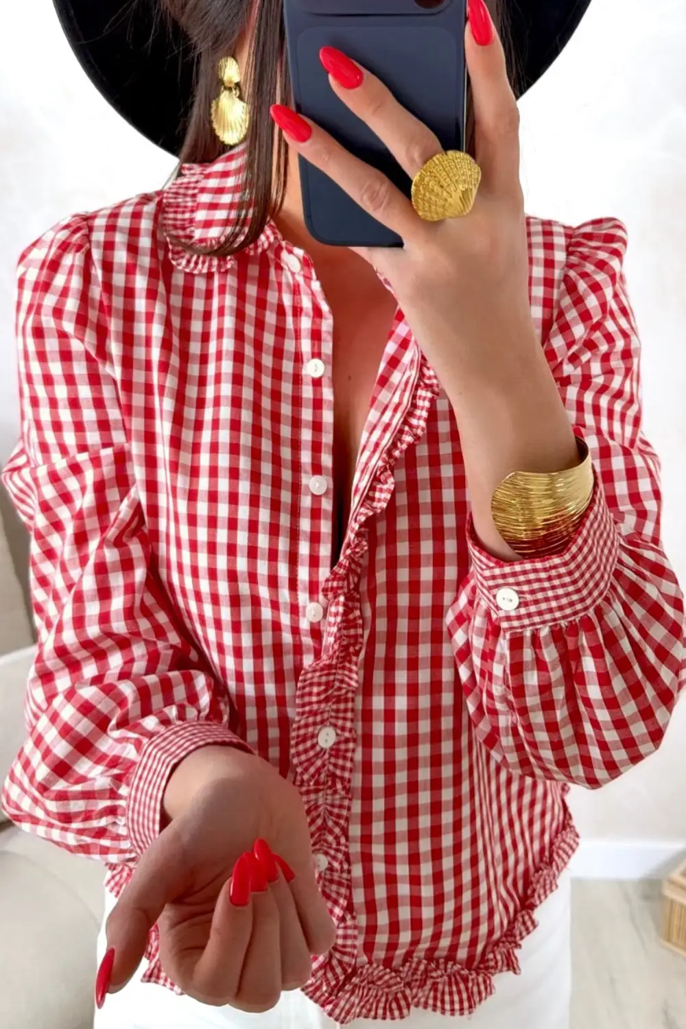 Women's Plaid Long Sleeve Frilled Blouse