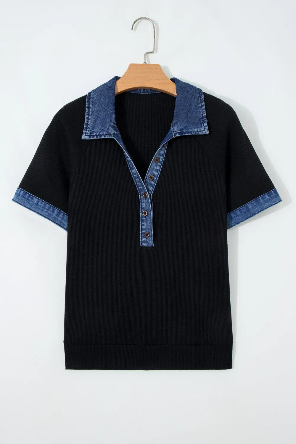 Black Waffle Knit Denim Contrast Top