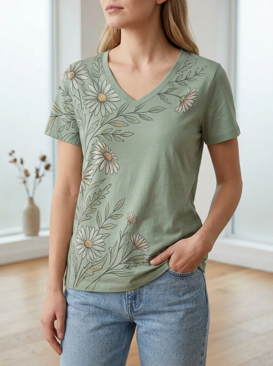Women's Wilderness Floral Nature Lover Daisy V-Neck T-Shirt