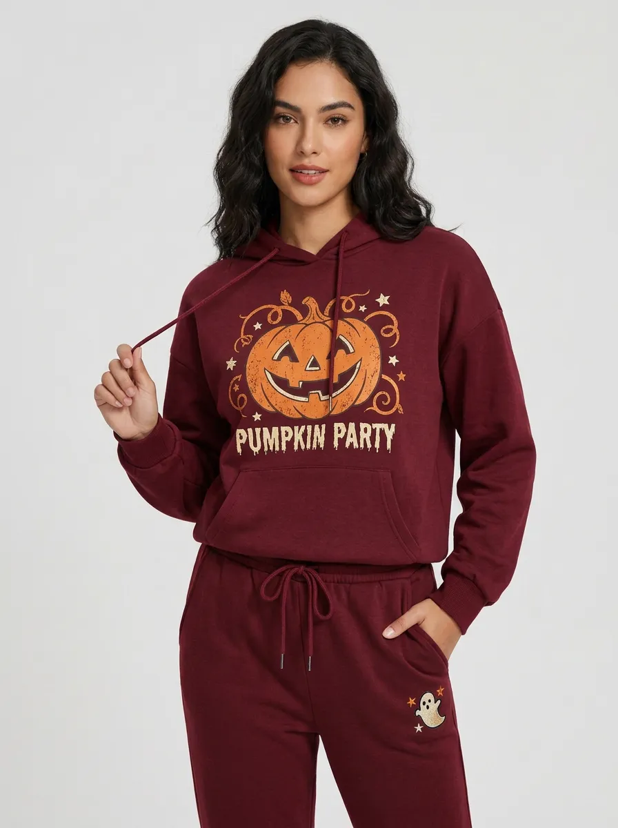 Women's Halloween Charcoal Pumpkin Party Ghost Kangaroo-Pocket Hoodie Jogger Set