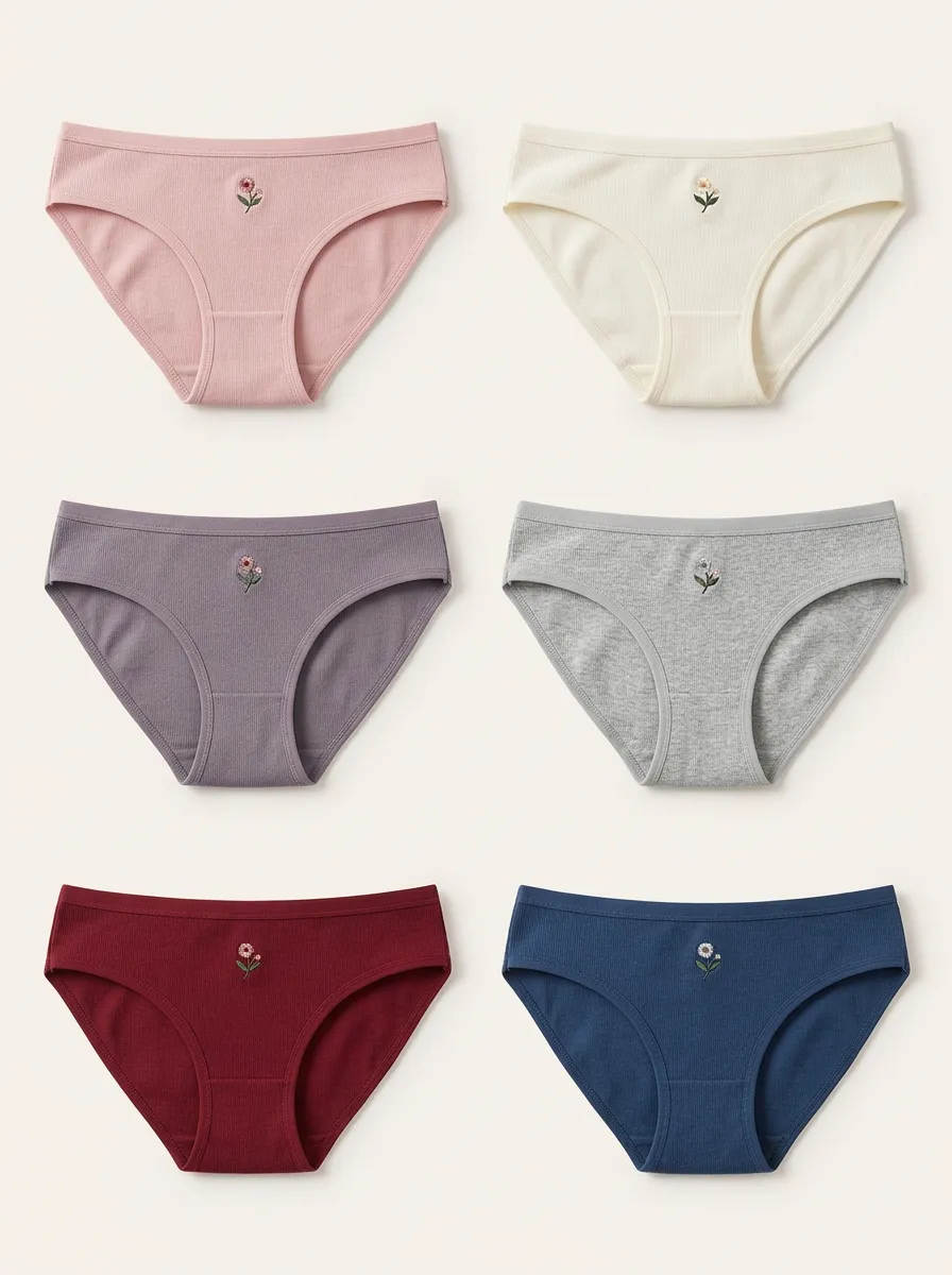 Women's Ribbed Floral Embroidered Mid-Rise Brief Set