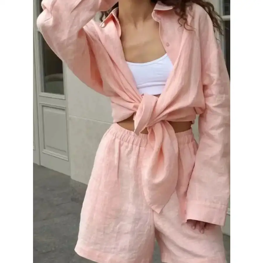 Button Up Long Sleeve Shirt and Shorts Set