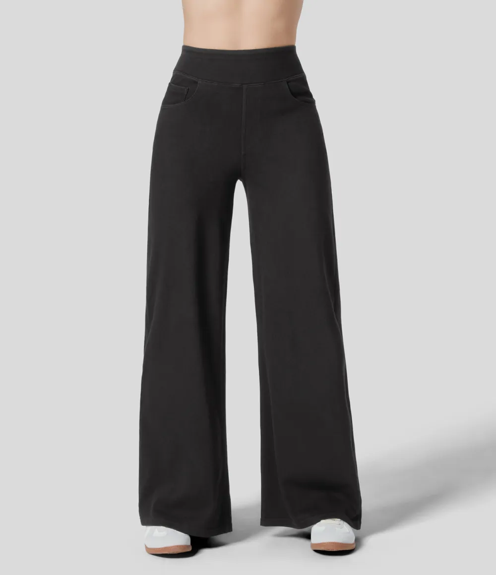 Magic High Waisted Multiple Pockets Wide Leg Stretchy Knit Casual Thermal Jeans