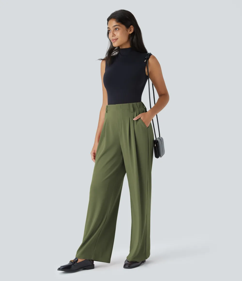  High Waisted Plicated Side Pocket Wide Leg Waffle Work Pants
