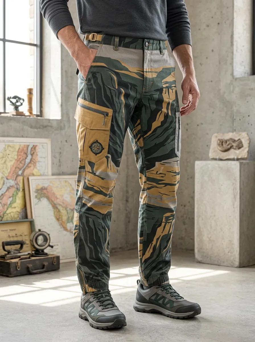 Men's Outdoor Adventure Compass Tiger Camo Printed Cargo Pants