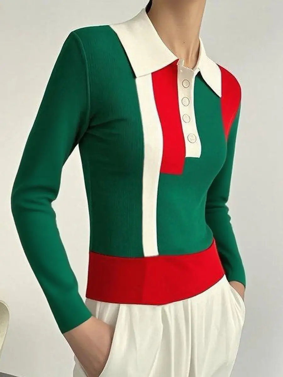 Button Detail Lapel Long Sleeve Slim Fit Sweater
