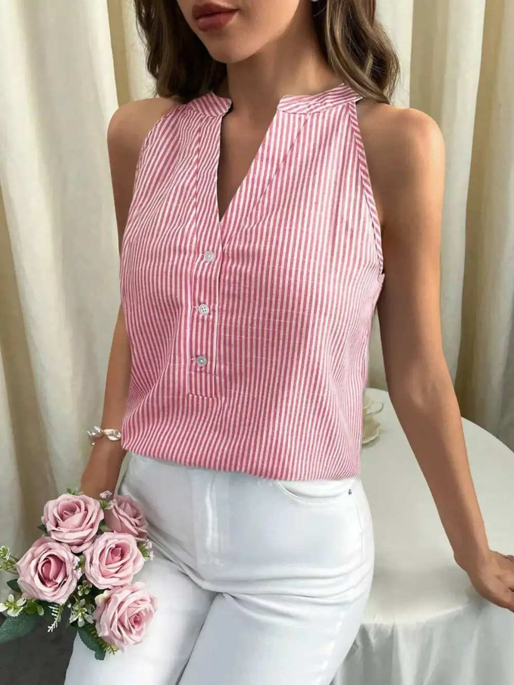 Button-Front Buttoned Striped Tank Top