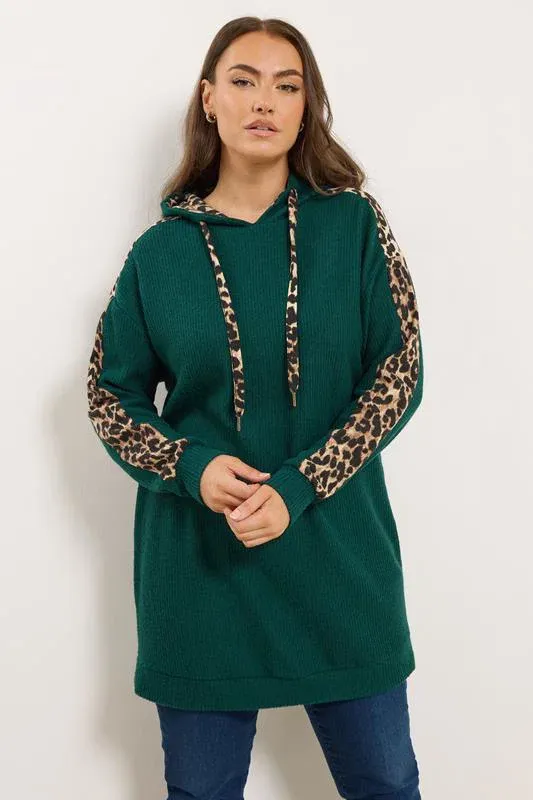 Green Leopard Print Trim Hoodie