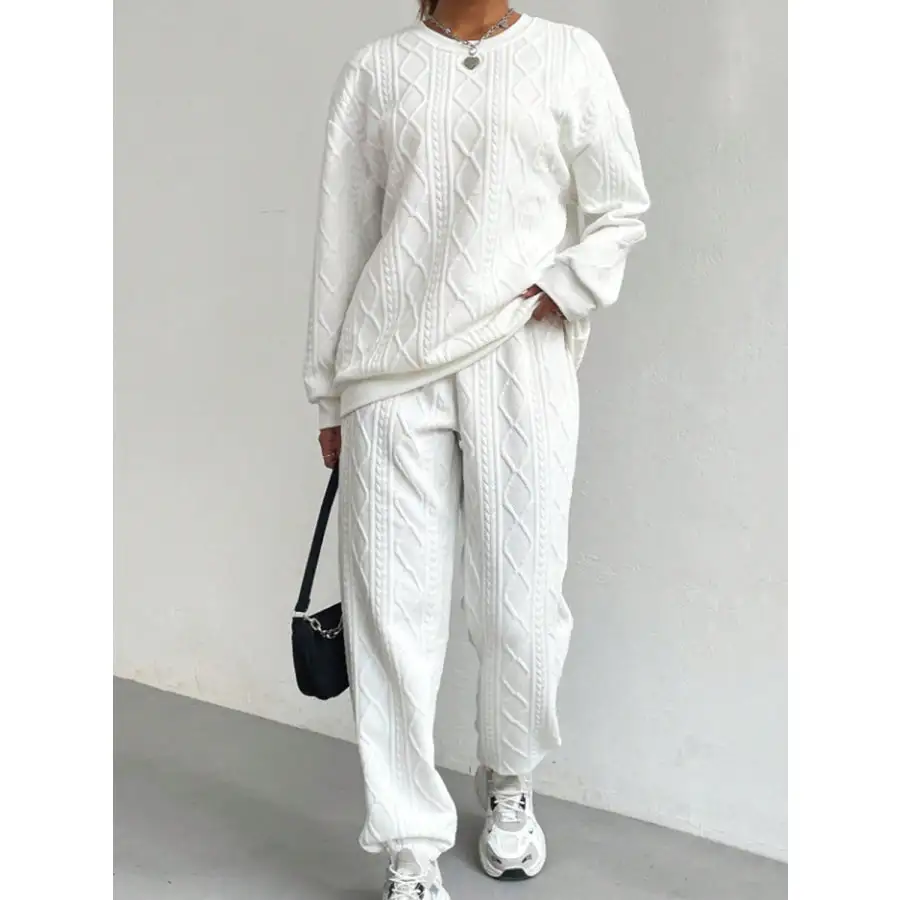 Relaxed Texture Round Neck Top and Pants Set