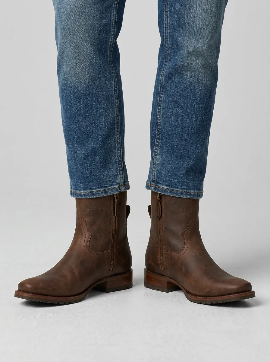 Men's Western Cowboy Brown Leather Zippered Ankle Boots