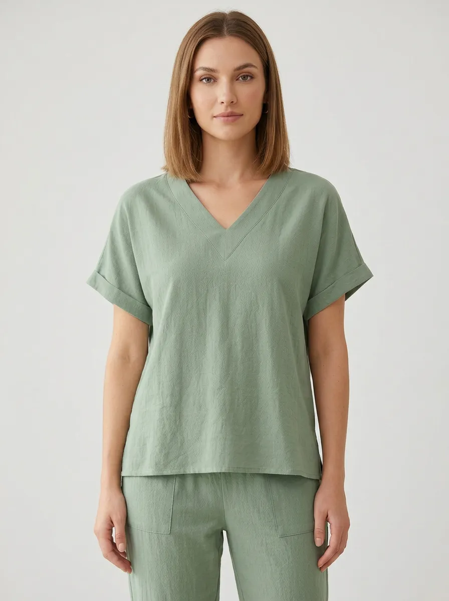 Pleated Minimalist Women's V-Neck Casual Lounge Set
