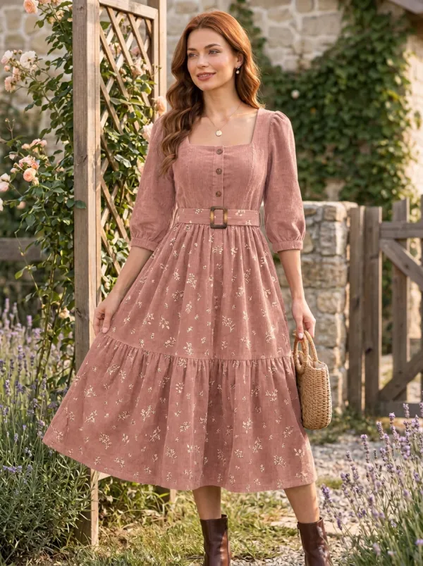 Women's Chocolate Brown Vintage Floral Brown Corduroy Belted Corduroy High-Waist 3/4 Sleeve Midi Dress