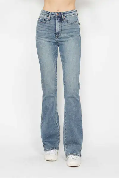 Tummy Control Back Embroidered Pocket Bootcut Denim Jeans