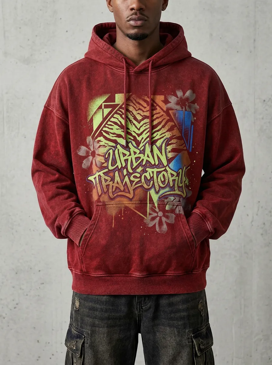 Men's Streetwear Graffiti Tiger Washed Hoodie