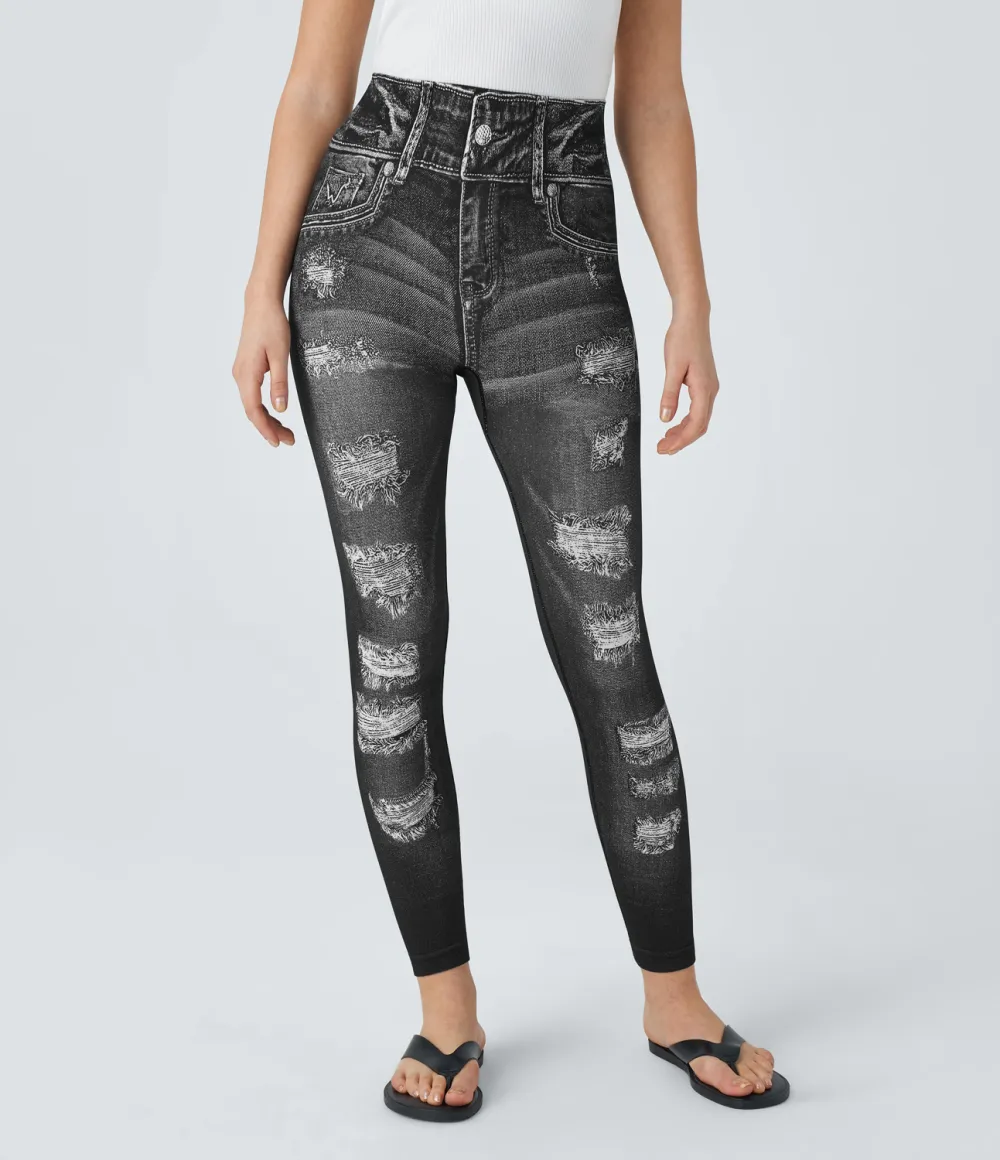 Seamless Flow High Waisted Denim Print Casual Leggings