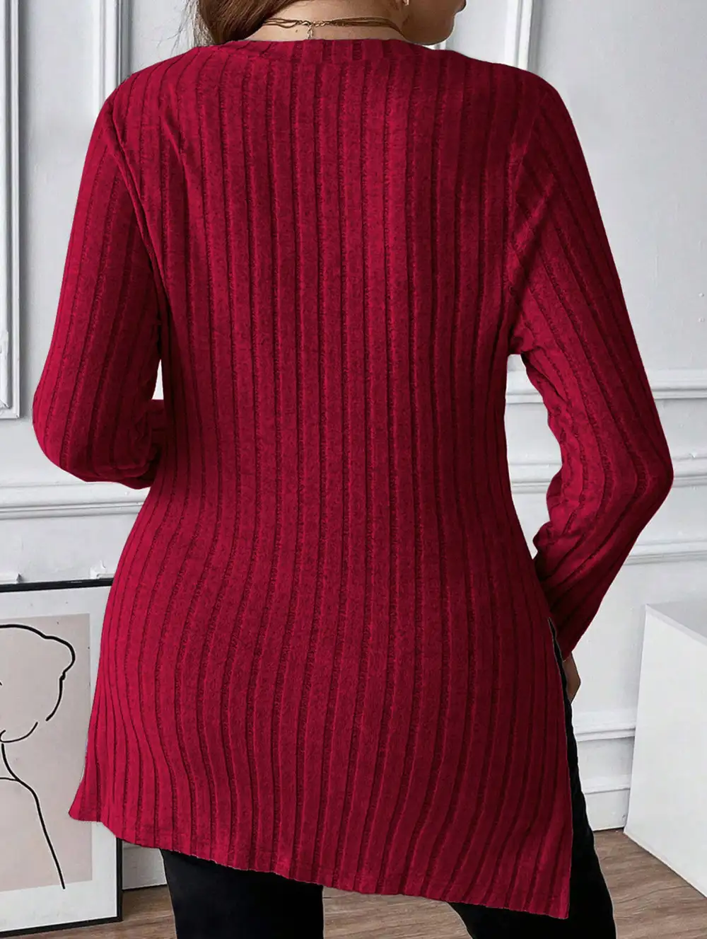 Ribbed Brushed Square Neck Long Sleeve Top