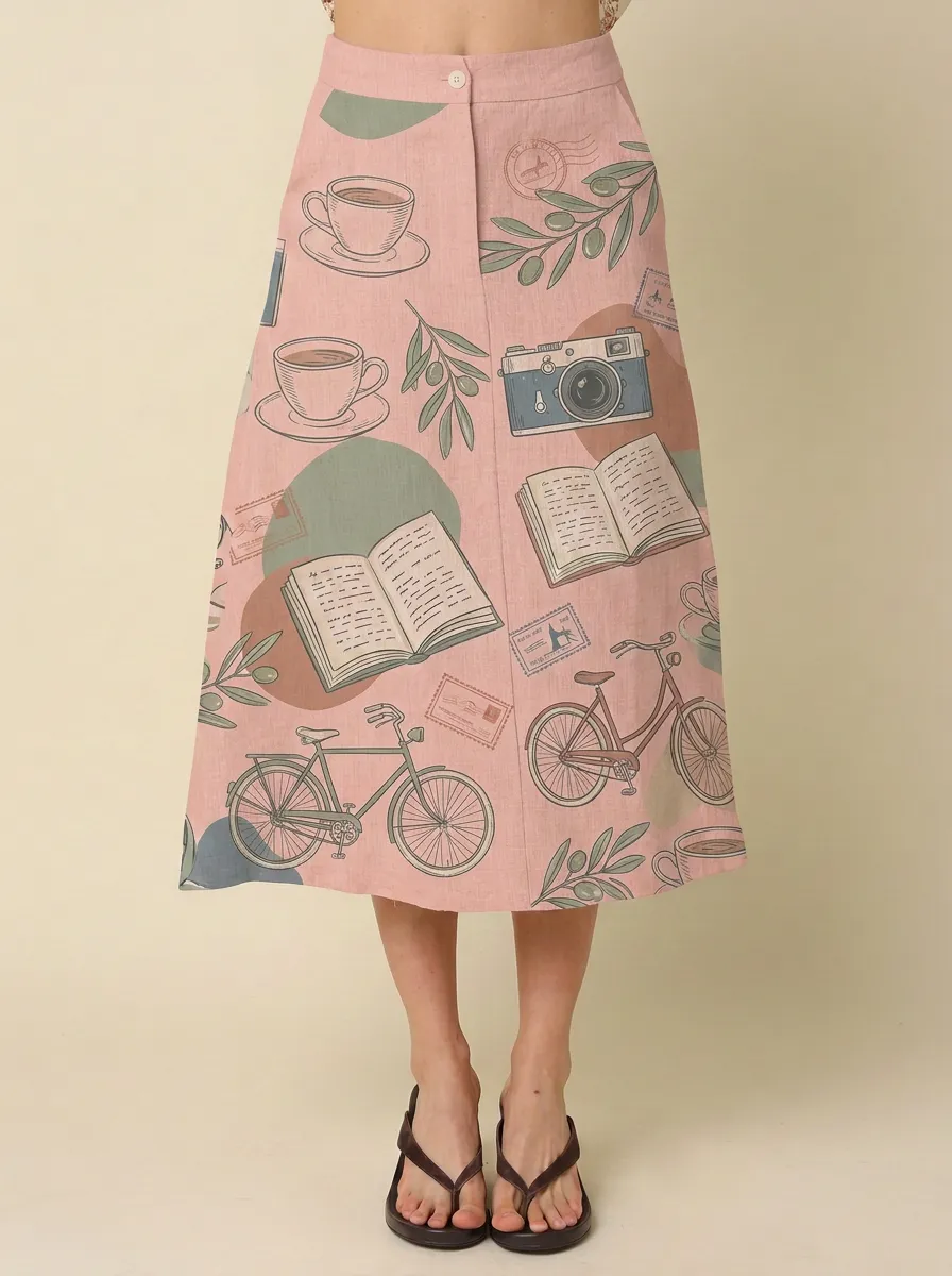 Women's Travel Hobby Coffee Book Bicycle Printed A-line Skirt