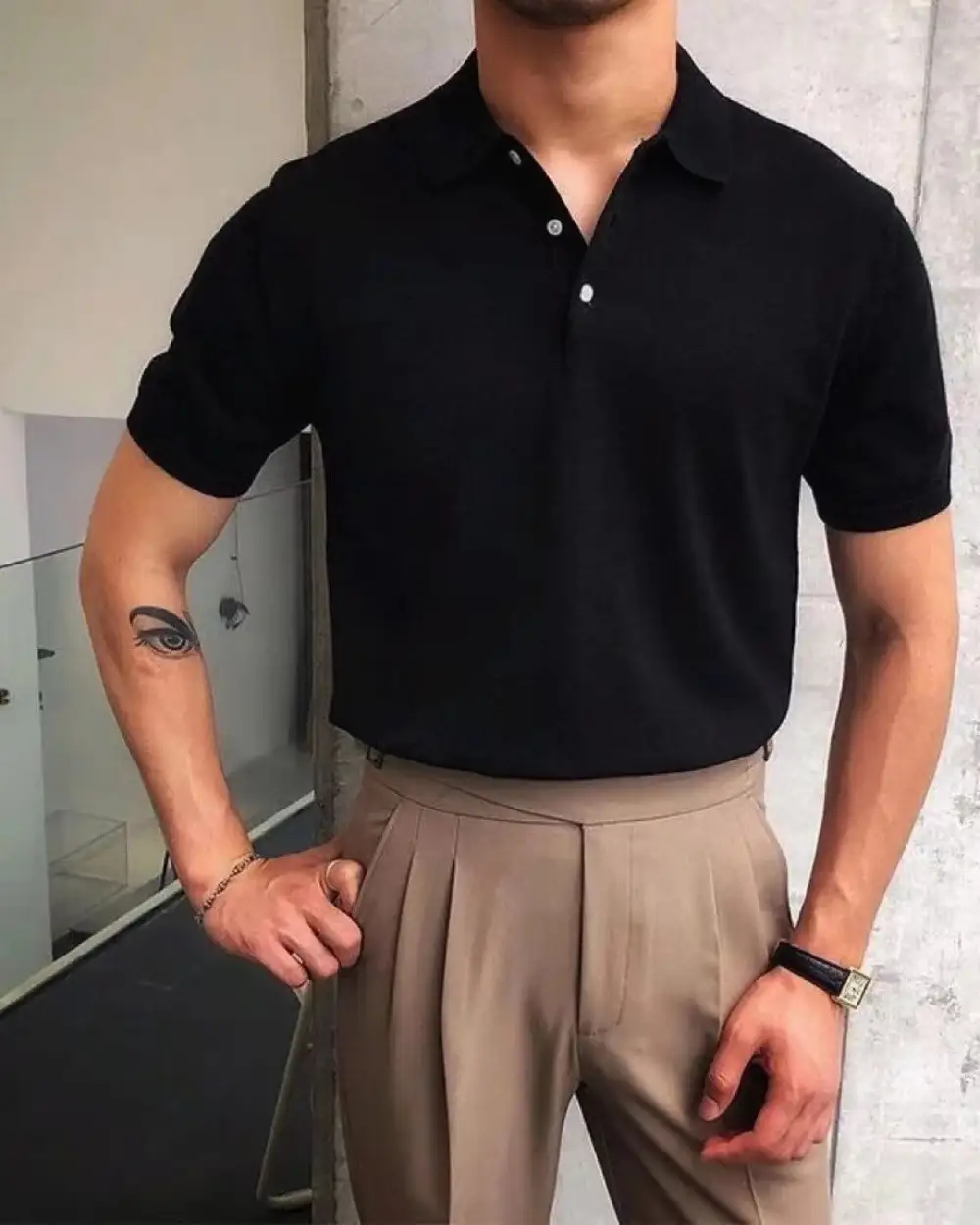 Button Placket Fine Knit Polo Shirt