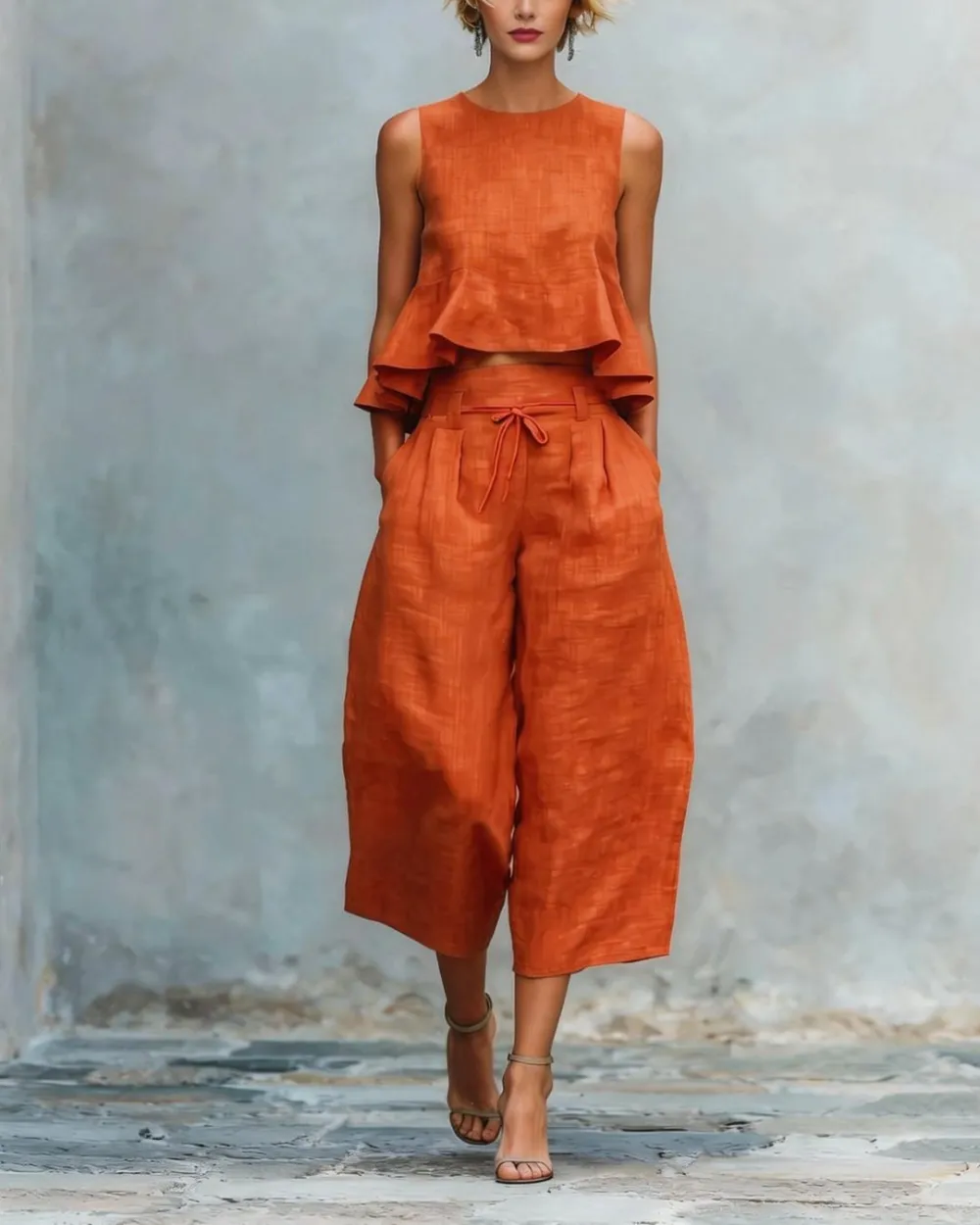 Linen Two-Piece Set Ruffle Detail Lightweight Breathable Romantic Summer Outfit