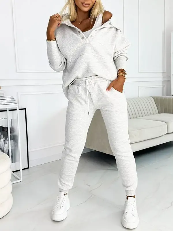Women's Fashionable Solid Color Hooded Sweatshirt 3-piece Set