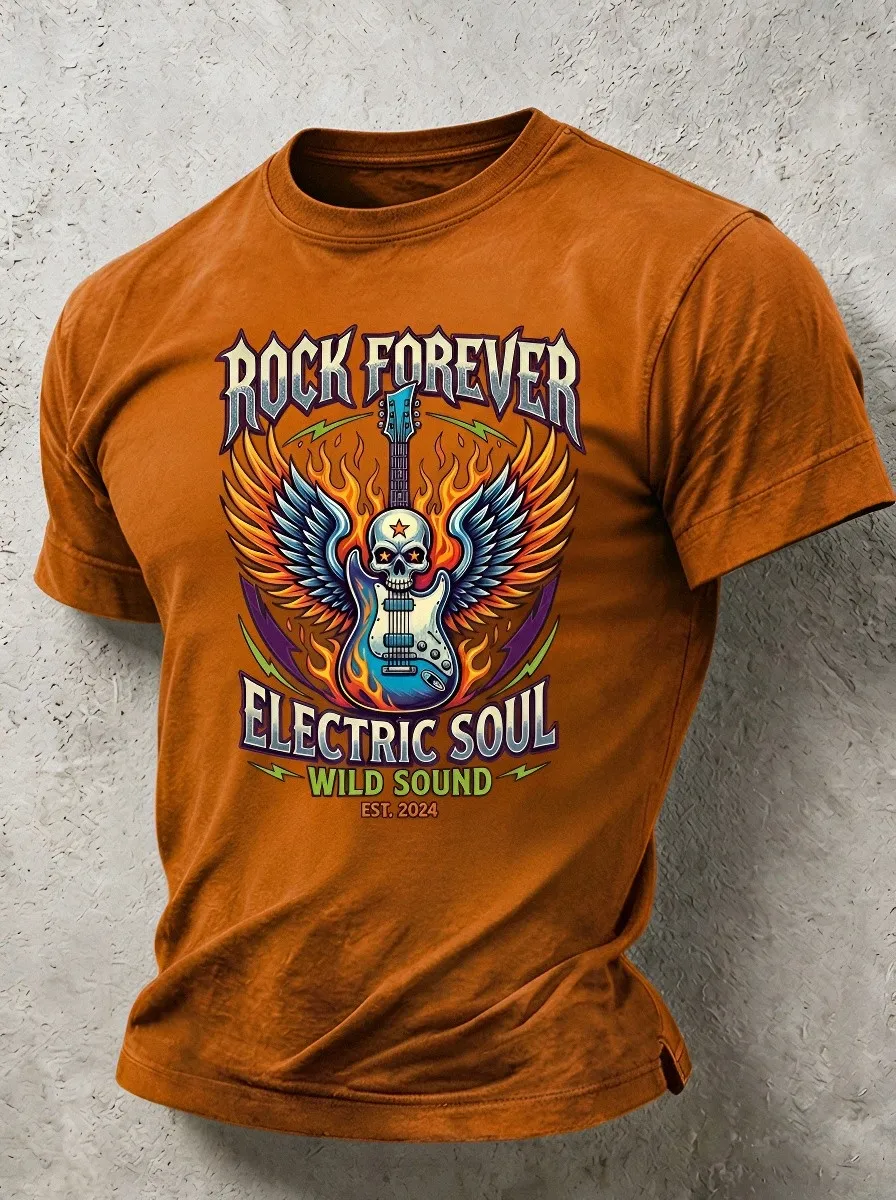 Men's Rock Music Lover Skull Winged Guitar Printed T-shirt