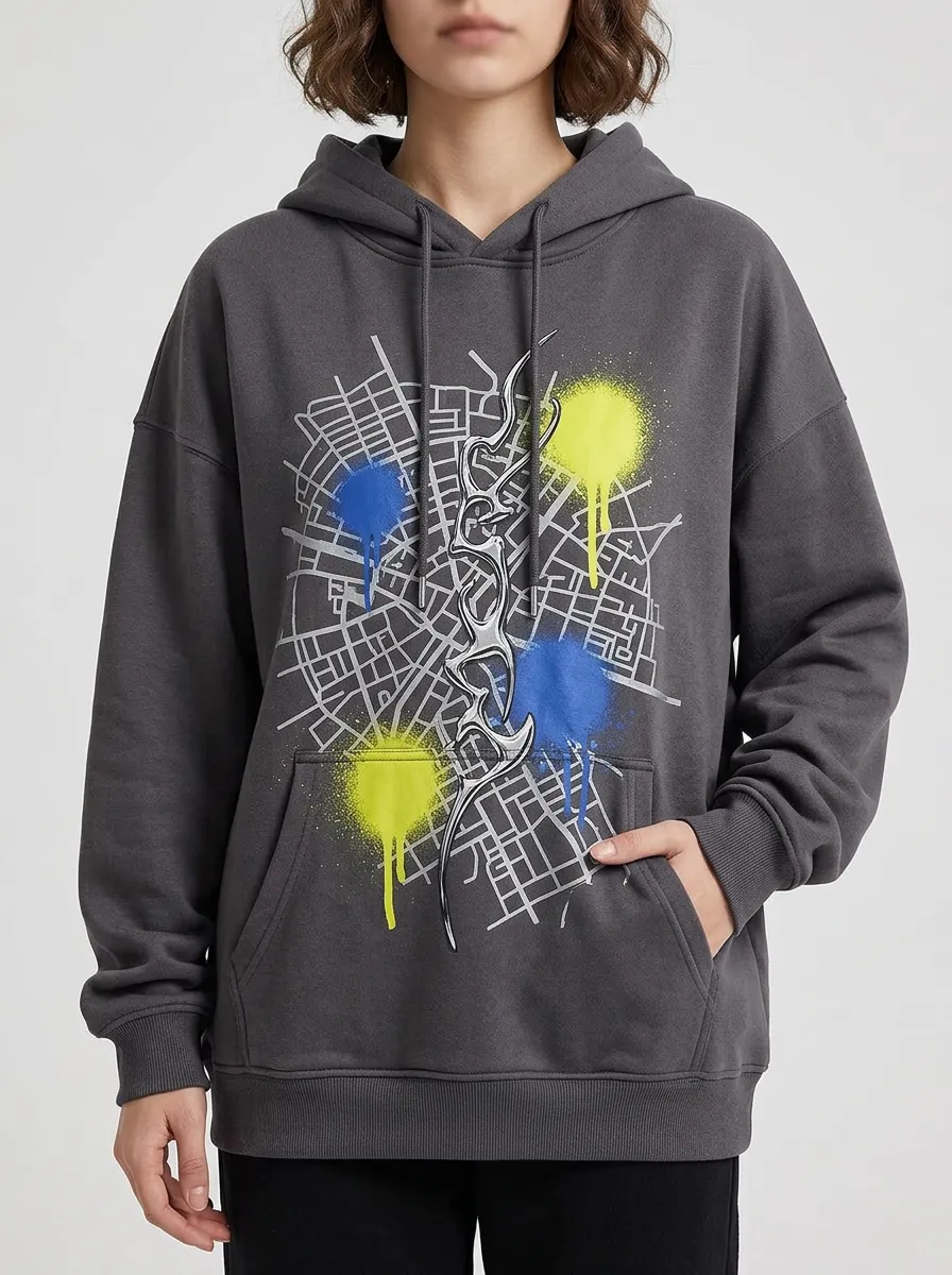 Unisex Streetwear Y2K Map Graffiti Hoodie