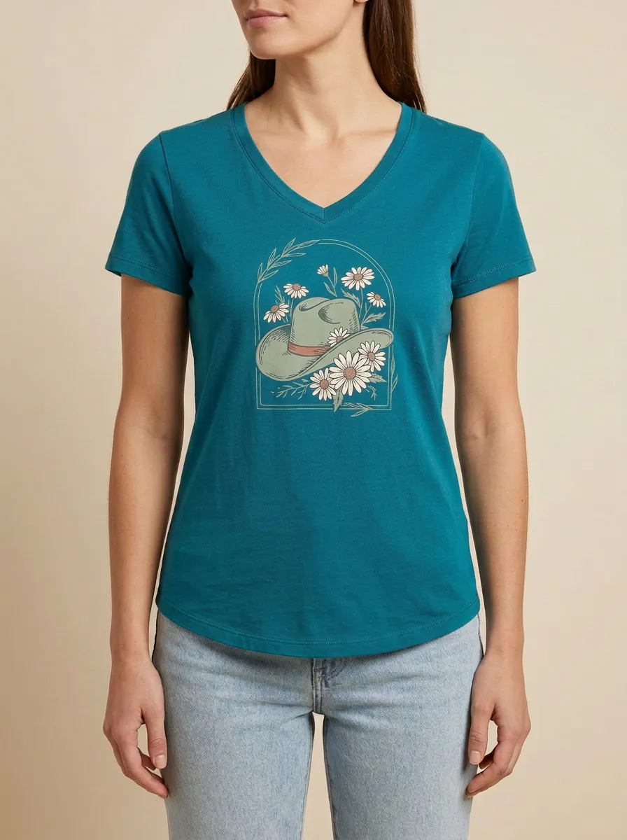 Women's Cowgirl Daisy Floral Graphic V-Neck T-Shirt