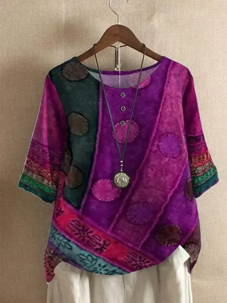 Tribal Pattern O-neck Half Sleeve Loose Women T-shirt