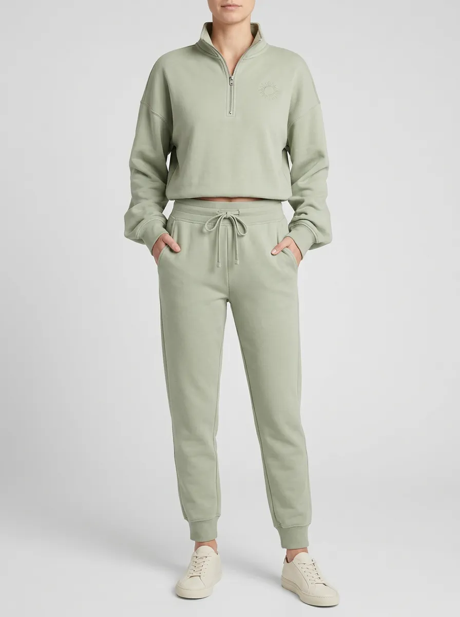 Women's Sage Green Rib-Knit Quarter-Zip Cropped Pullover and Joggers Set