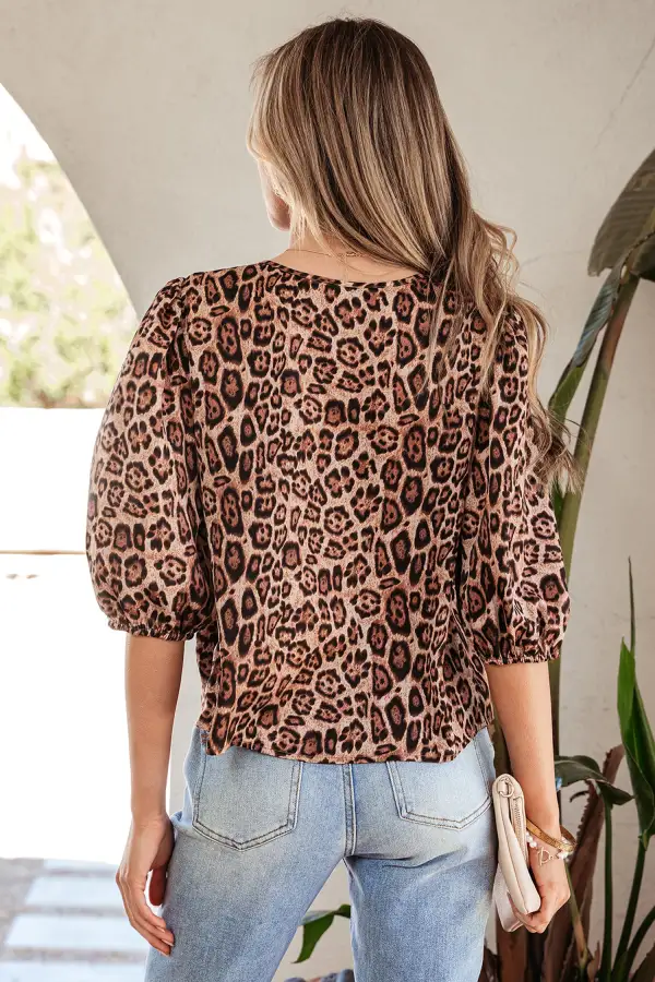 Women's Leopard Print Puff Sleeve Bow Detail Top